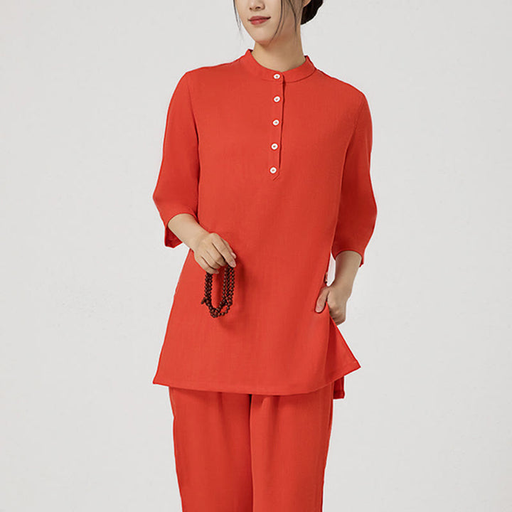 Conjunto de ropa de lino y algodón para mujer, camisa de tres cuartos de Color sólido con Buddha Stones , pantalones superiores, meditación Zen, Tai Chi, 2 uds.