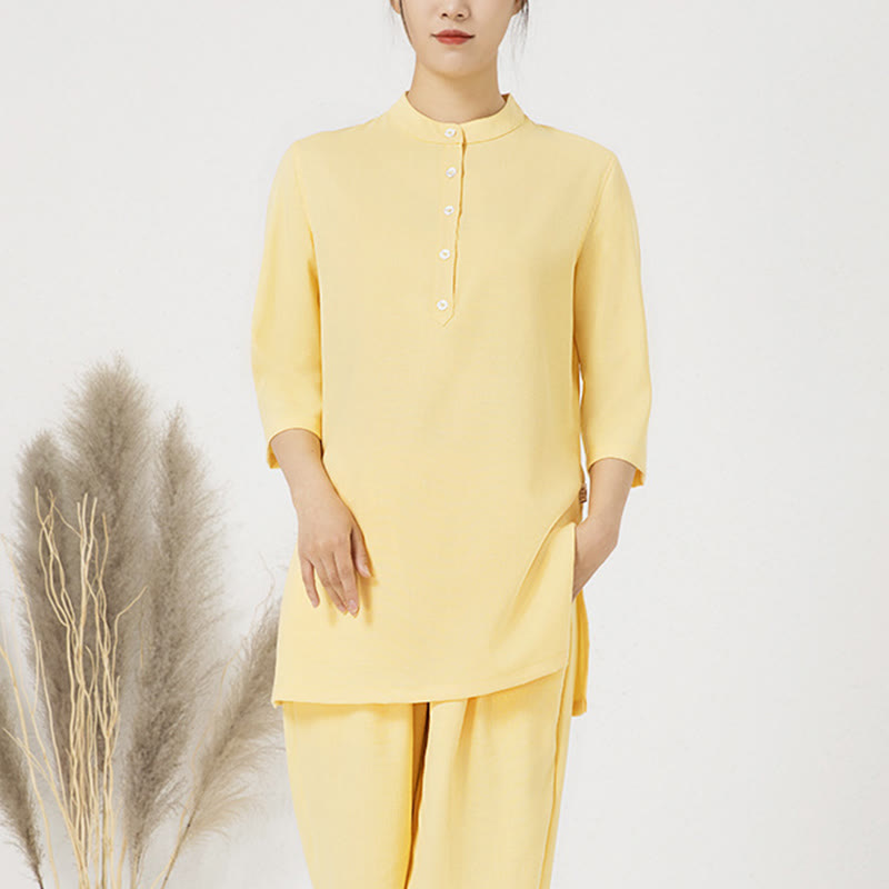 Conjunto de ropa de lino y algodón para mujer, camisa de tres cuartos de Color sólido con Buddha Stones , pantalones superiores, meditación Zen, Tai Chi, 2 uds.