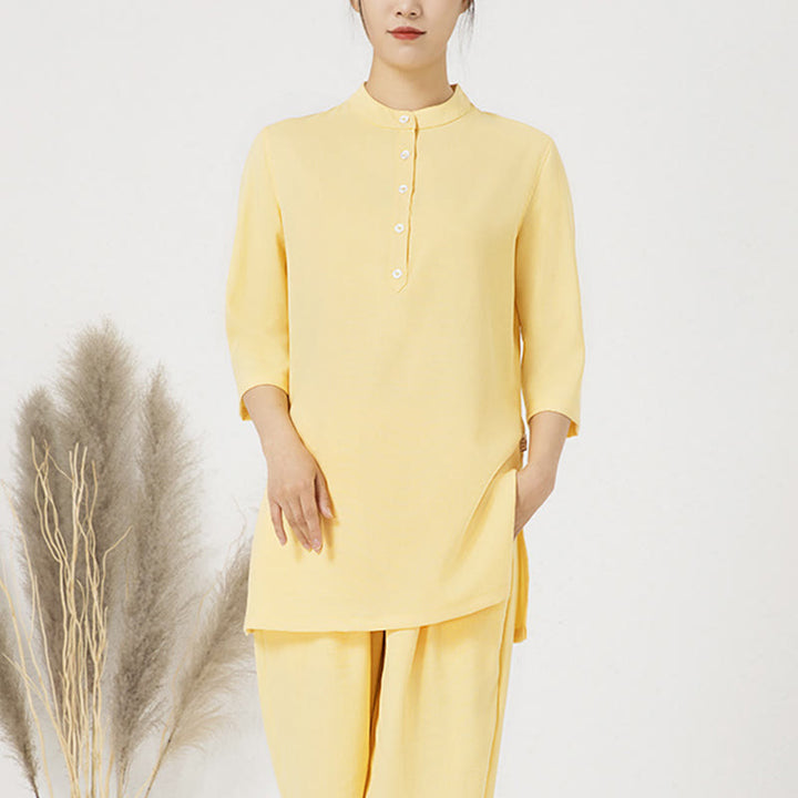 Conjunto de ropa de lino y algodón para mujer, camisa de tres cuartos de Color sólido con Buddha Stones , pantalones superiores, meditación Zen, Tai Chi, 2 uds.