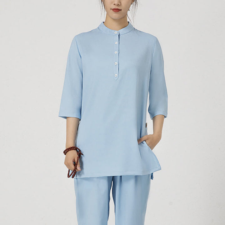 Conjunto de ropa de lino y algodón para mujer, camisa de tres cuartos de Color sólido con Buddha Stones , pantalones superiores, meditación Zen, Tai Chi, 2 uds.