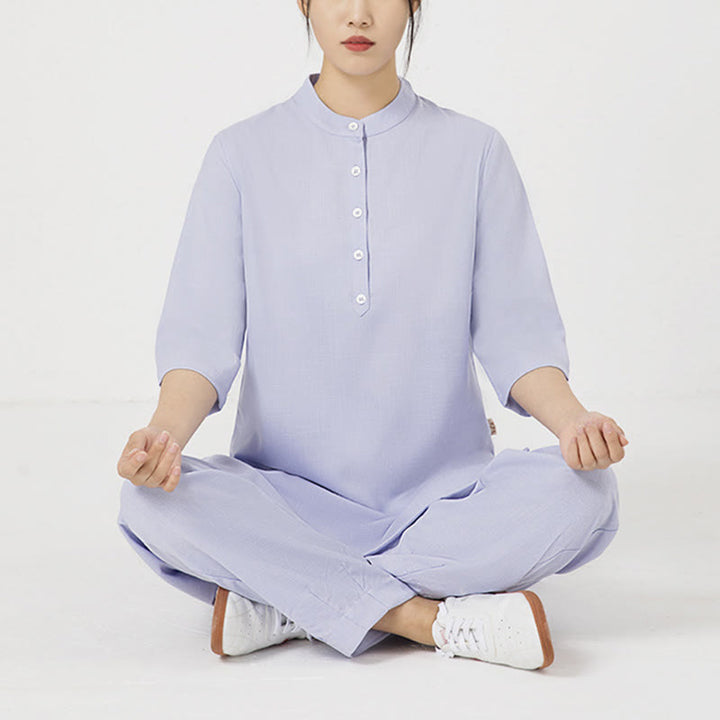Conjunto de ropa de lino y algodón para mujer, camisa de tres cuartos de Color sólido con Buddha Stones , pantalones superiores, meditación Zen, Tai Chi, 2 uds.
