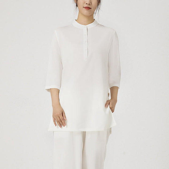 Conjunto de ropa de lino y algodón para mujer, camisa de tres cuartos de Color sólido con Buddha Stones , pantalones superiores, meditación Zen, Tai Chi, 2 uds.
