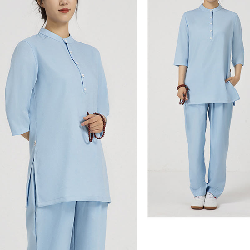 Conjunto de ropa de lino y algodón para mujer, camisa de tres cuartos de Color sólido con Buddha Stones , pantalones superiores, meditación Zen, Tai Chi, 2 uds.