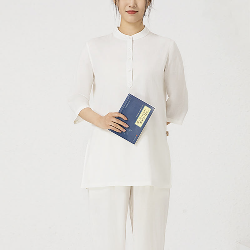 Conjunto de ropa de lino y algodón para mujer, camisa de tres cuartos de Color sólido con Buddha Stones , pantalones superiores, meditación Zen, Tai Chi, 2 uds.