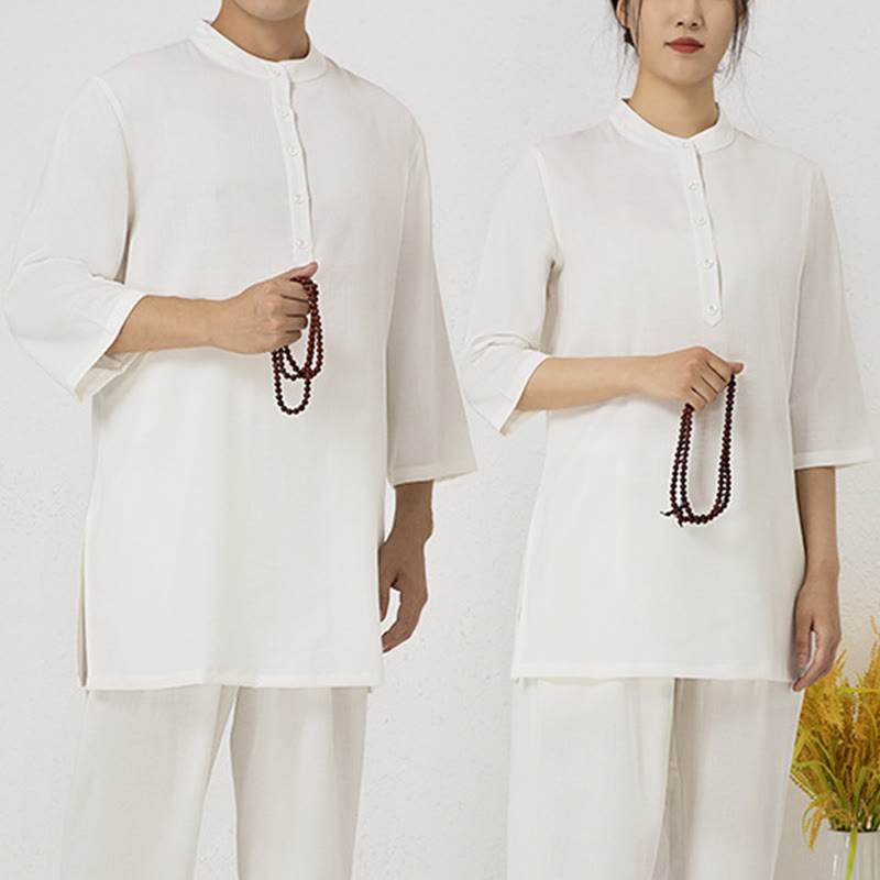 Conjunto de ropa de lino y algodón para mujer, camisa de tres cuartos de Color sólido con Buddha Stones , pantalones superiores, meditación Zen, Tai Chi, 2 uds.