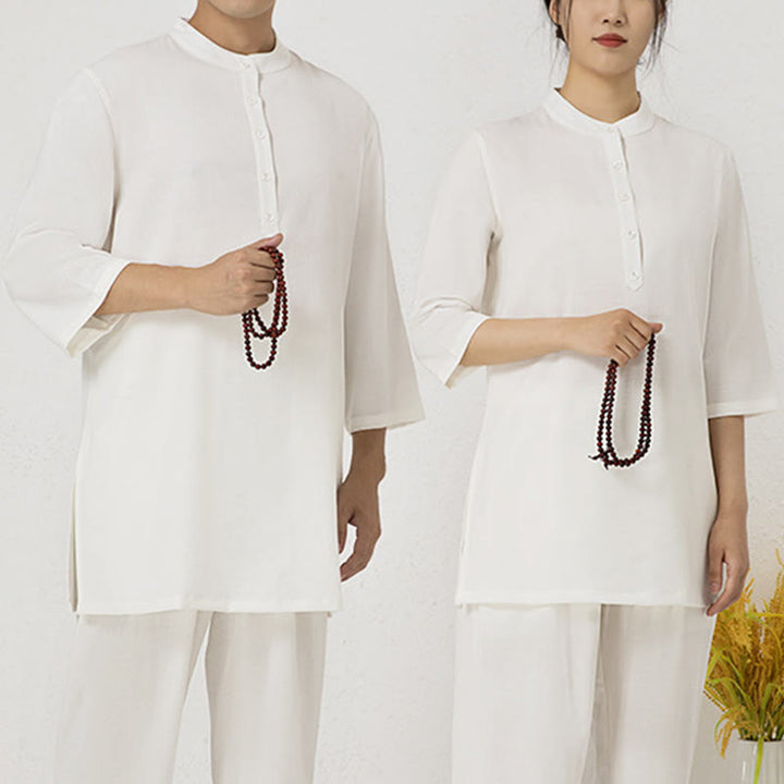 Conjunto de ropa de lino y algodón para mujer, camisa de tres cuartos de Color sólido con Buddha Stones , pantalones superiores, meditación Zen, Tai Chi, 2 uds.