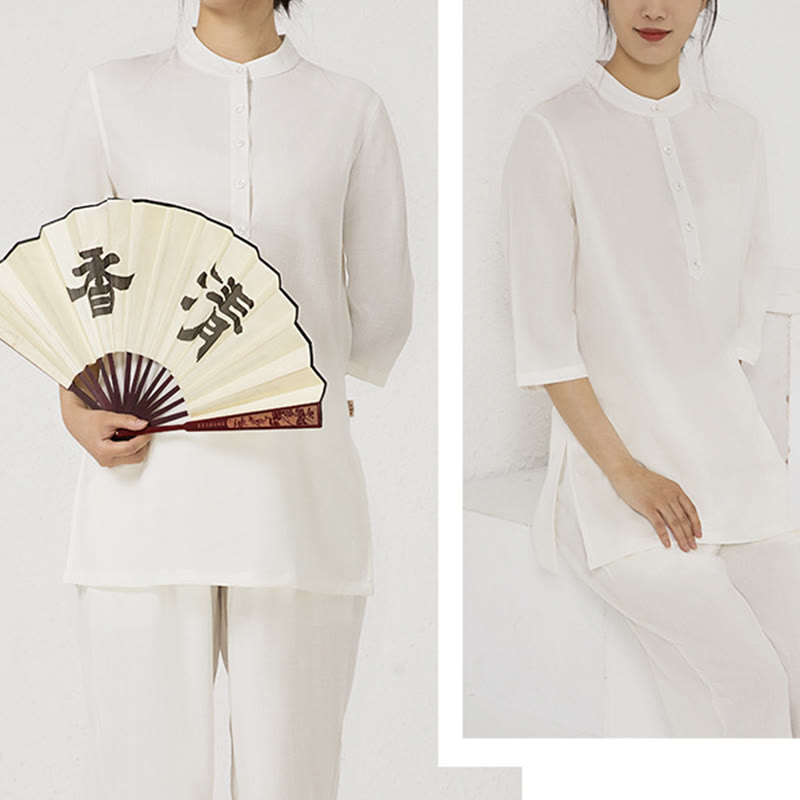 Conjunto de ropa de lino y algodón para mujer, camisa de tres cuartos de Color sólido con Buddha Stones , pantalones superiores, meditación Zen, Tai Chi, 2 uds.