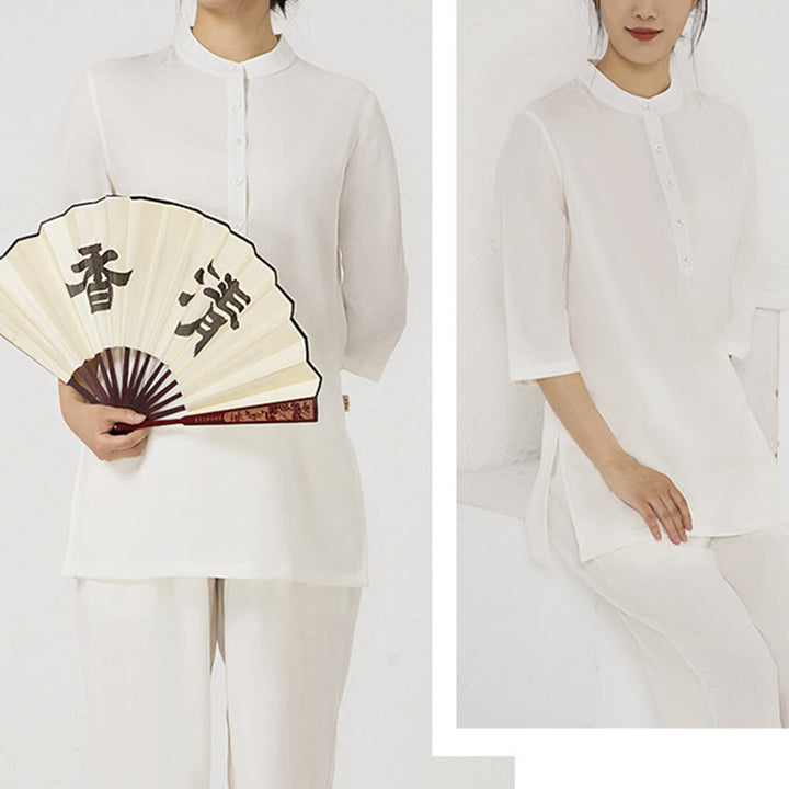 Conjunto de ropa de lino y algodón para mujer, camisa de tres cuartos de Color sólido con Buddha Stones , pantalones superiores, meditación Zen, Tai Chi, 2 uds.