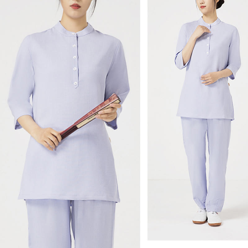 Conjunto de ropa de lino y algodón para mujer, camisa de tres cuartos de Color sólido con Buddha Stones , pantalones superiores, meditación Zen, Tai Chi, 2 uds.