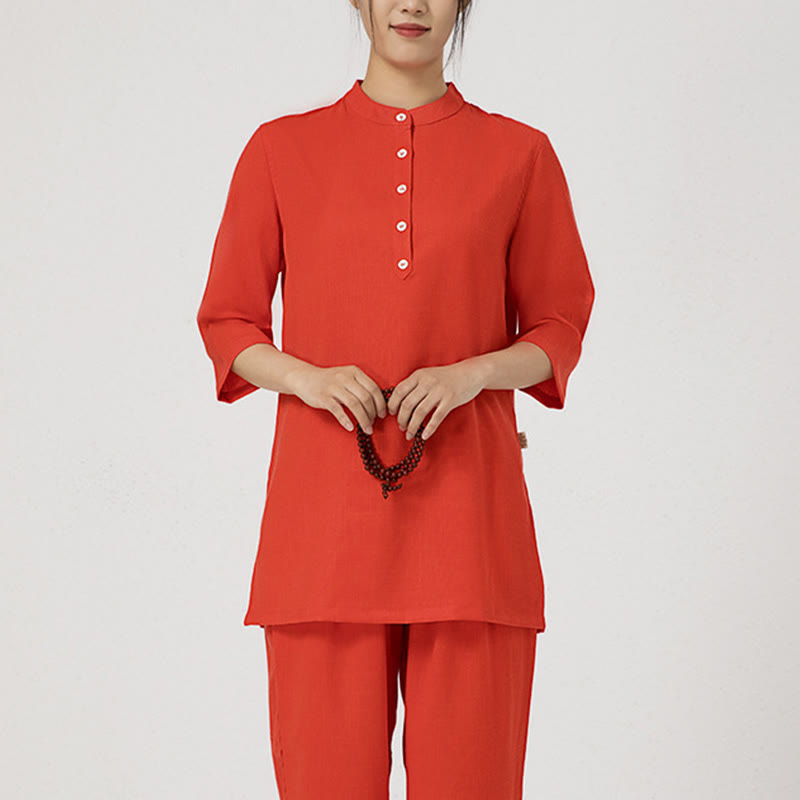 Conjunto de ropa de lino y algodón para mujer, camisa de tres cuartos de Color sólido con Buddha Stones , pantalones superiores, meditación Zen, Tai Chi, 2 uds.