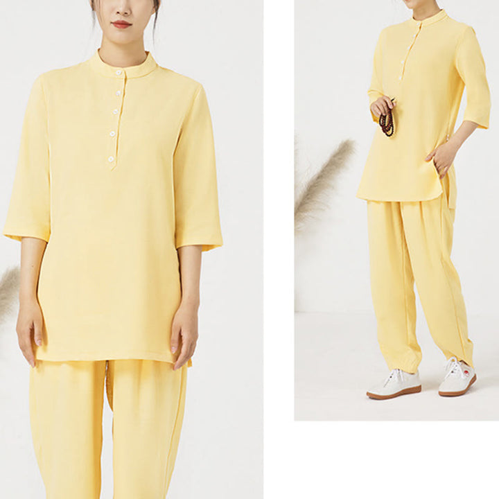 Conjunto de ropa de lino y algodón para mujer, camisa de tres cuartos de Color sólido con Buddha Stones , pantalones superiores, meditación Zen, Tai Chi, 2 uds.