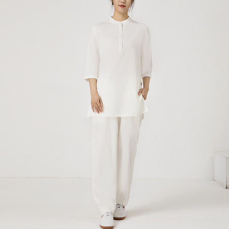 Conjunto de ropa de lino y algodón para mujer, camisa de tres cuartos de Color sólido con Buddha Stones , pantalones superiores, meditación Zen, Tai Chi, 2 uds.