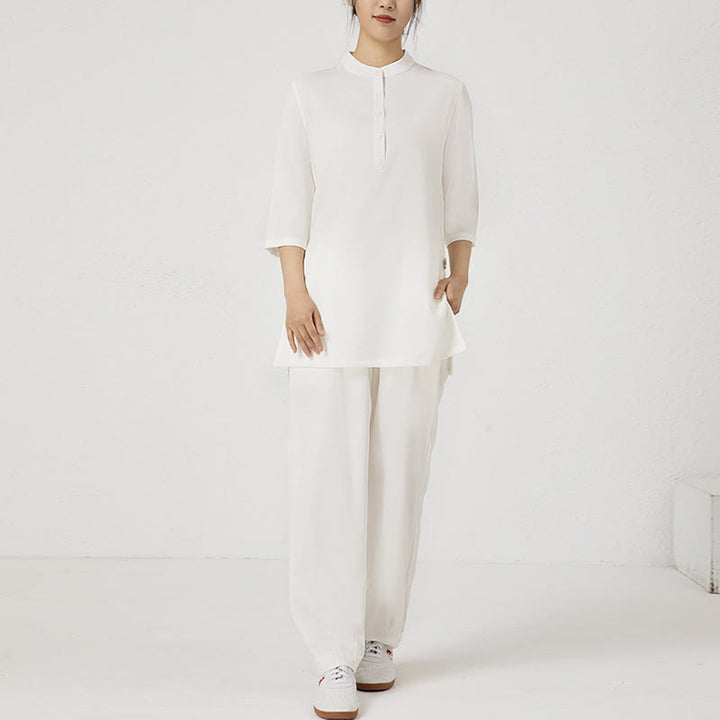 Conjunto de ropa de lino y algodón para mujer, camisa de tres cuartos de Color sólido con Buddha Stones , pantalones superiores, meditación Zen, Tai Chi, 2 uds.