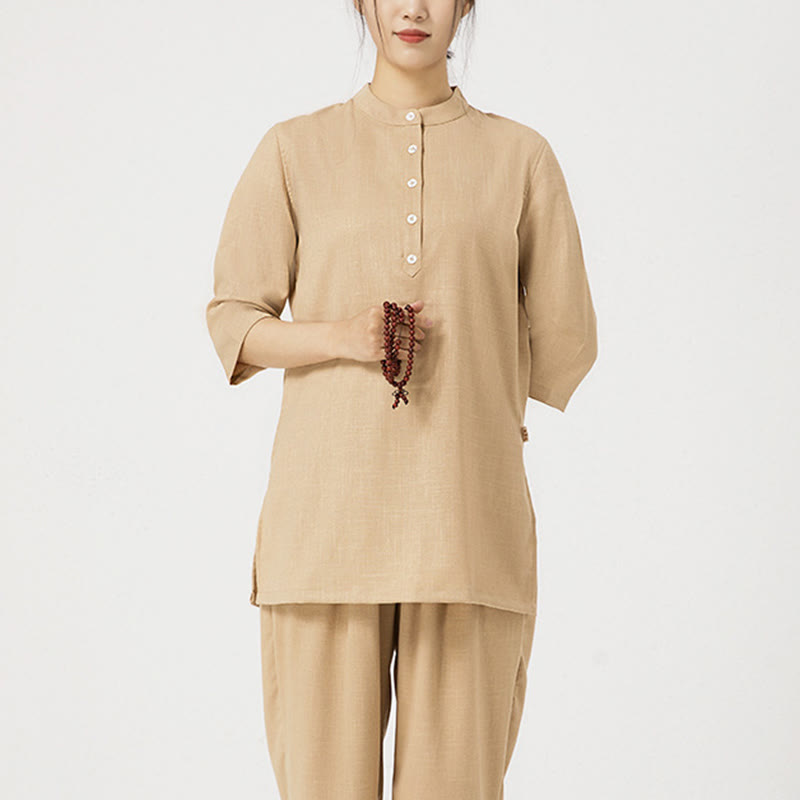 Conjunto de ropa de lino y algodón para mujer, camisa de tres cuartos de Color sólido con Buddha Stones , pantalones superiores, meditación Zen, Tai Chi, 2 uds.