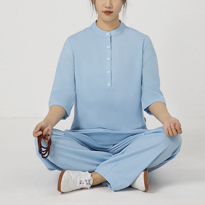 Conjunto de ropa de lino y algodón para mujer, camisa de tres cuartos de Color sólido con Buddha Stones , pantalones superiores, meditación Zen, Tai Chi, 2 uds.