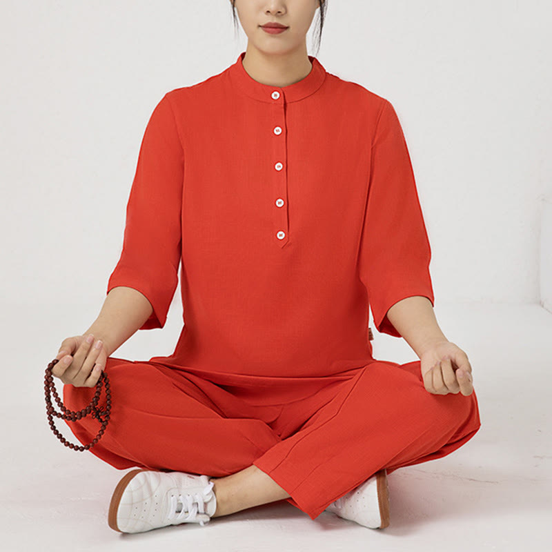 Conjunto de ropa de lino y algodón para mujer, camisa de tres cuartos de Color sólido con Buddha Stones , pantalones superiores, meditación Zen, Tai Chi, 2 uds.