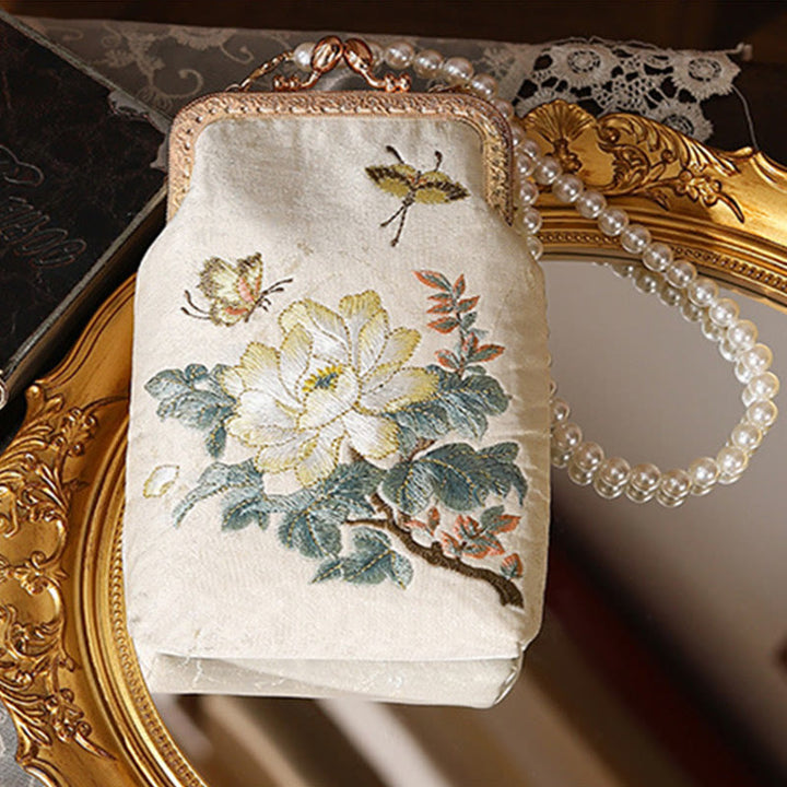 Bolso bandolera con cadena de metal y perlas bordadas con mariposas y flores pequeñas de Buddha Stones, bolso cruzado para teléfono móvil - image 1