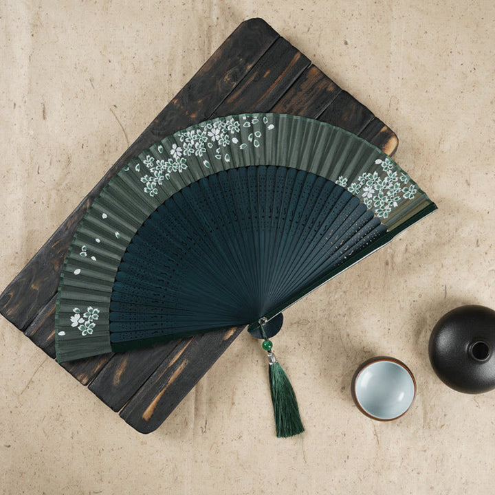Abanico plegable de bambú de mano grabado con flor de cerezo Simple con Buddha Stones