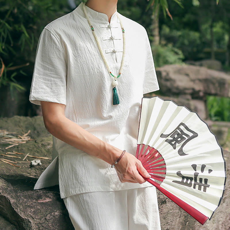 Buddha Stones 2 piezas camisa de manga corta para hombre camiseta superior pantalones meditación Zen Tai Chi conjunto de ropa de lino de algodón - Blanco (Top y pantalón) - US/UK/AU48, EU58 (6XL) - image 0