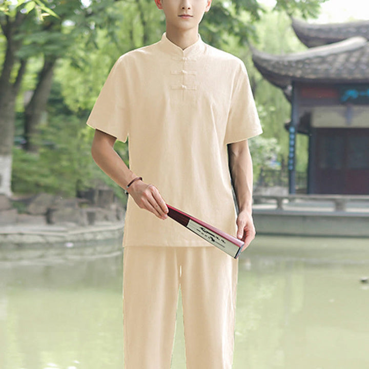 Buddha Stones 2 piezas camisa de manga corta para hombre camiseta superior pantalones meditación Zen Tai Chi conjunto de ropa de lino de algodón - Beige (Top y pantalones) - US/UK/AU48, EU58 (6XL) - image 8