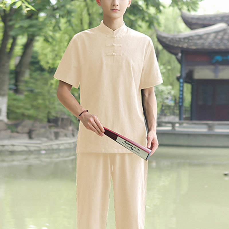 Buddha Stones 2 piezas camisa de manga corta para hombre camiseta superior pantalones meditación Zen Tai Chi conjunto de ropa de lino de algodón - Beige (Top y pantalón) - US/UK/AU48, EU58 (6XL) - image 8