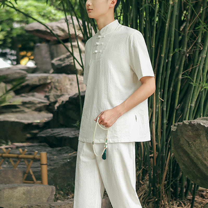 Buddha Stones 2 piezas camisa de manga corta para hombre camiseta superior pantalones meditación Zen Tai Chi conjunto de ropa de lino de algodón - image 1
