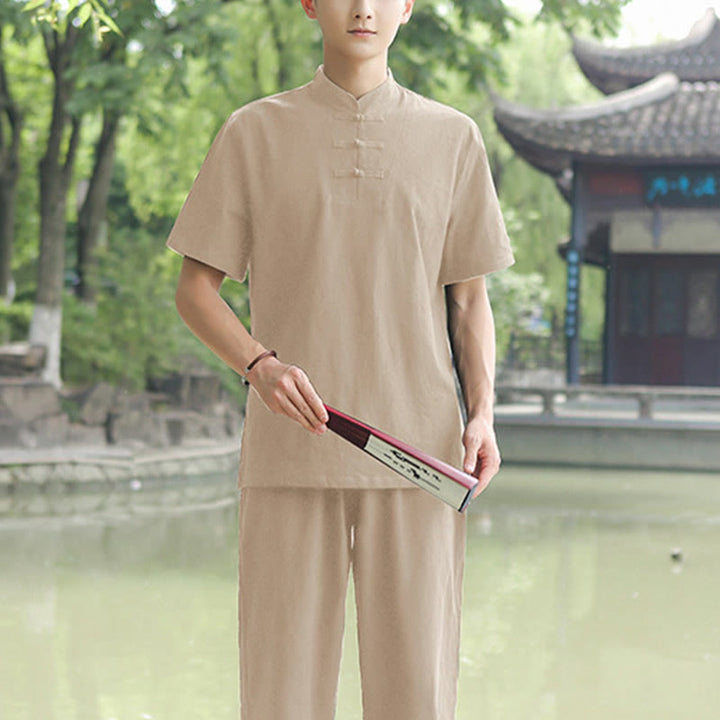 Buddha Stones 2 piezas camisa de manga corta para hombre camiseta superior pantalones meditación Zen Tai Chi conjunto de ropa de lino de algodón - Caqui (Top y pantalones) - US/UK/AU48, EU58 (6XL) - image 7