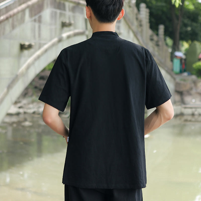 Buddha Stones 2 piezas camisa de manga corta para hombre camiseta superior pantalones meditación Zen Tai Chi conjunto de ropa de lino de algodón