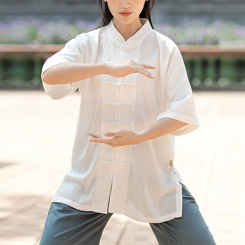 Buddha Stones Color sólido botón de rana meditación oración espiritual Zen Tai Chi Qigong práctica conjunto de ropa Unisex - Blusa blanca para mujer - 2XL - image 0