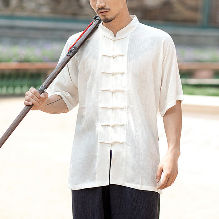 Buddha Stones Color sólido botón de rana meditación oración espiritual Zen Tai Chi Qigong práctica conjunto de ropa Unisex - Hombre: solo camiseta blanca - 2XL - image 1