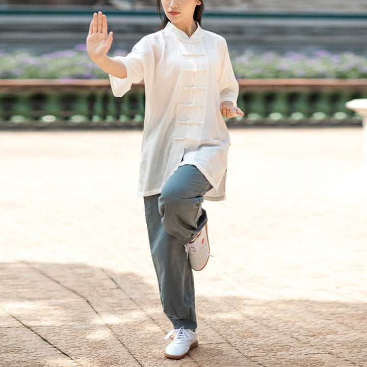 Buddha Stones Color sólido botón de rana meditación oración espiritual Zen Tai Chi Qigong práctica conjunto de ropa Unisex - Top blanco y pantalón azul grisáceo para mujer - 2XL - image 3