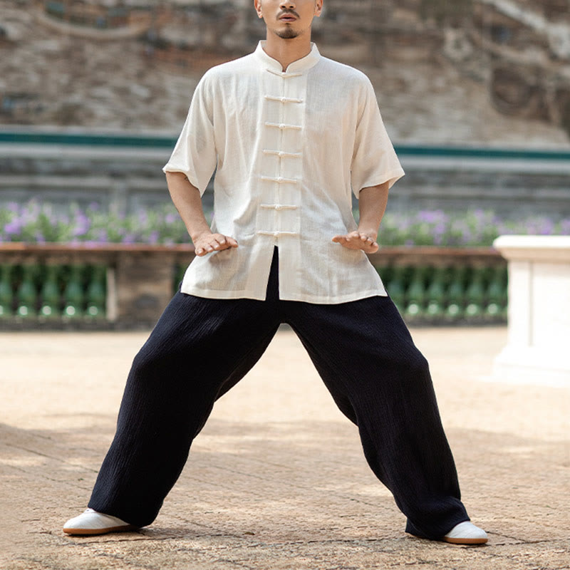 Buddha Stones Color sólido botón de rana meditación oración espiritual Zen Tai Chi Qigong práctica conjunto de ropa Unisex - Camiseta blanca y pantalón negro para hombre - 2XL - image 9