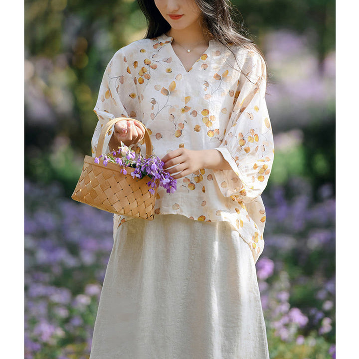 Camiseta holgada con manga farol y estampado de hojas de frutas y Buddha Stones - image 12