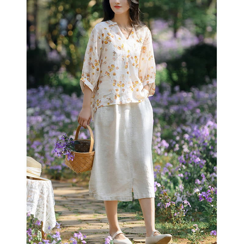 Camiseta holgada con manga farol y estampado de hojas de frutas y Buddha Stones - image 13