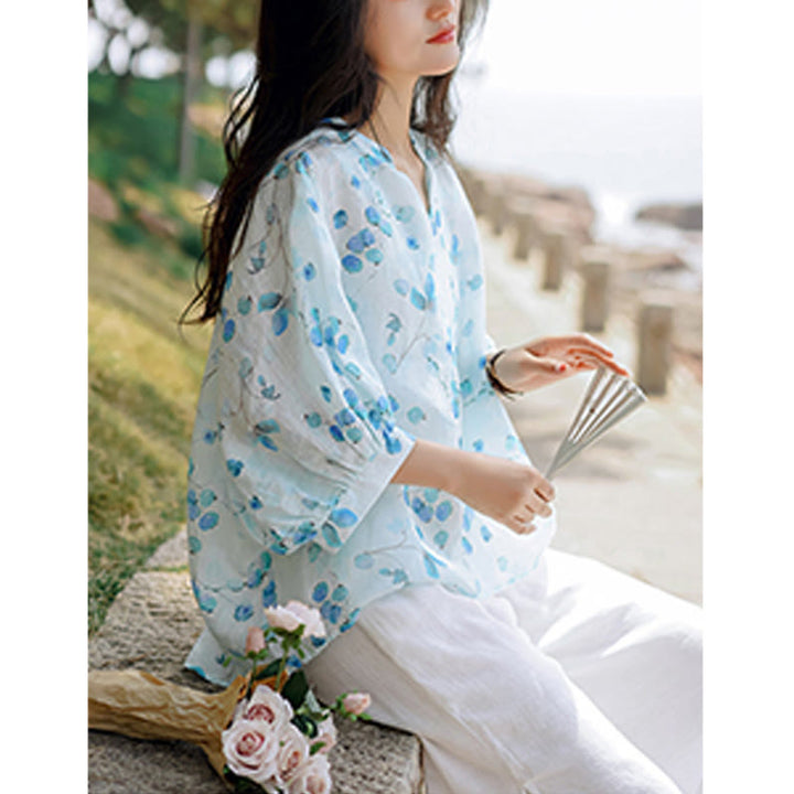 Camiseta holgada con manga farol y estampado de hojas de frutas y Buddha Stones - image 6