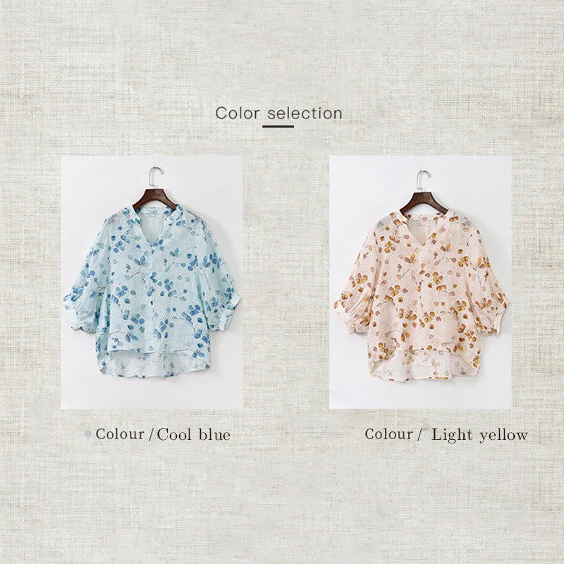 Camiseta holgada con manga farol y estampado de hojas de frutas y Buddha Stones - image 18