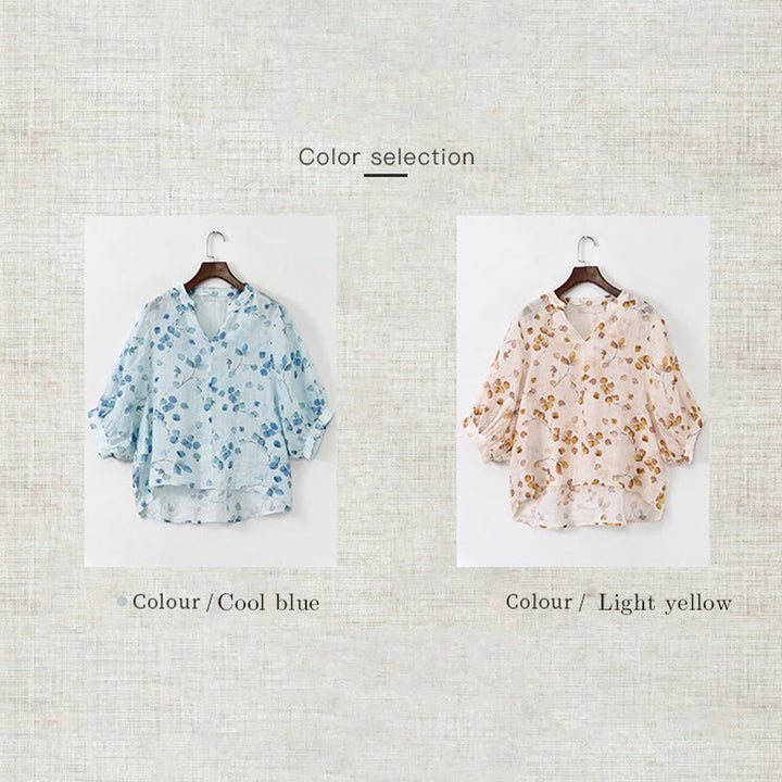Camiseta holgada con manga farol y estampado de hojas de frutas y Buddha Stones - image 18