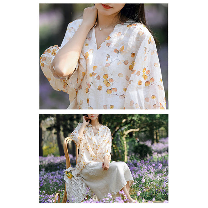 Camiseta holgada con manga farol y estampado de hojas de frutas y Buddha Stones - image 14