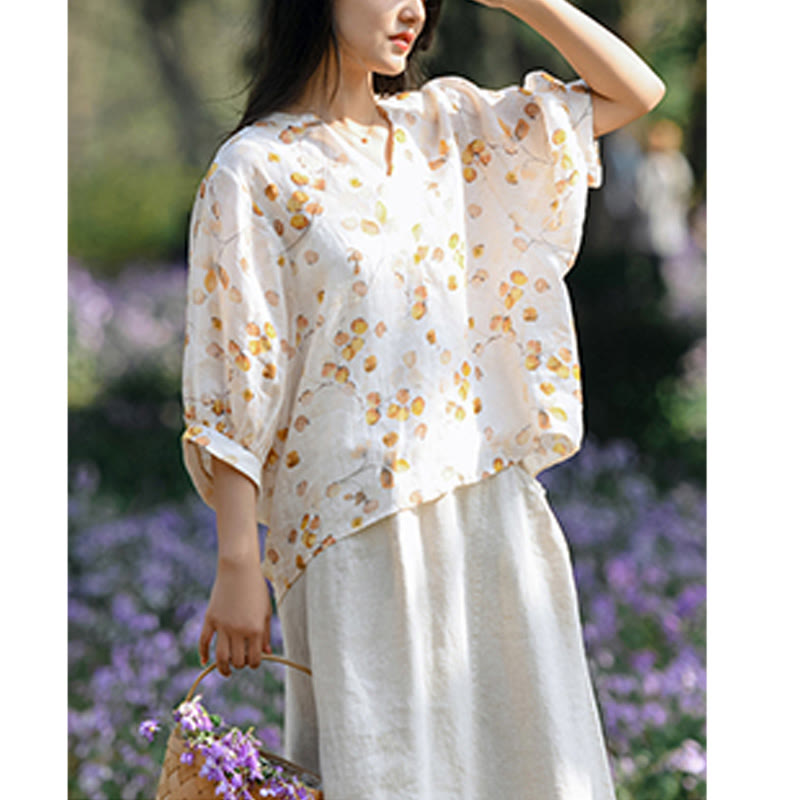 Camiseta holgada con manga farol y estampado de hojas de frutas y Buddha Stones - image 10