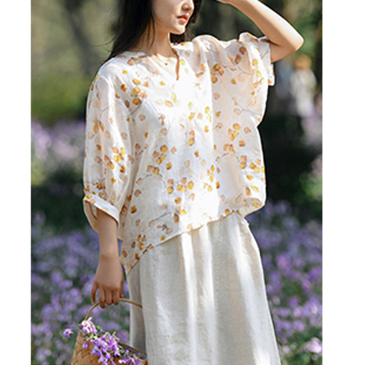Camiseta holgada con manga farol y estampado de hojas de frutas y Buddha Stones - image 10