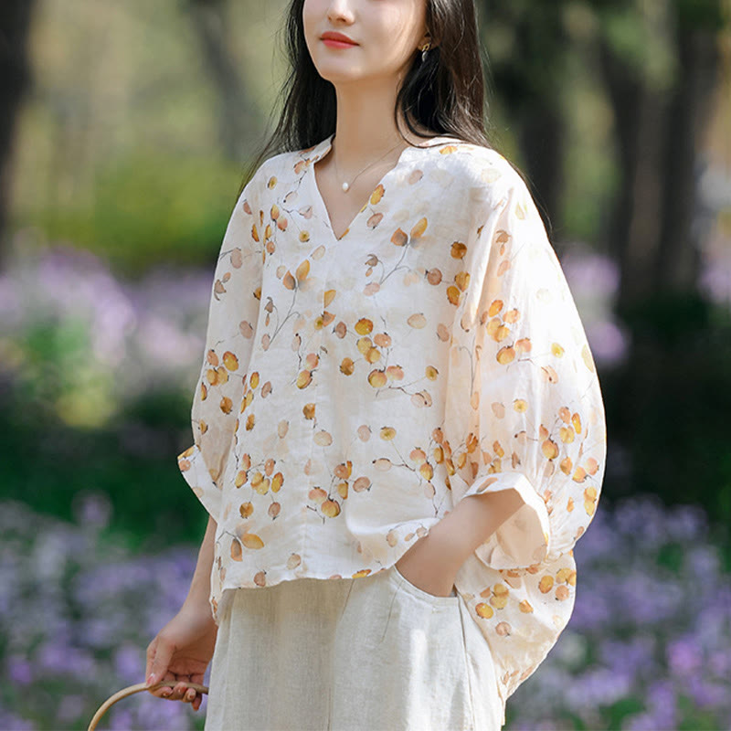 Camiseta holgada con manga farol y estampado de hojas de frutas y Buddha Stones - Amarillo (busto 130 cm/hombro 37 cm/largo 58-66 cm) (solo parte superior) - image 9