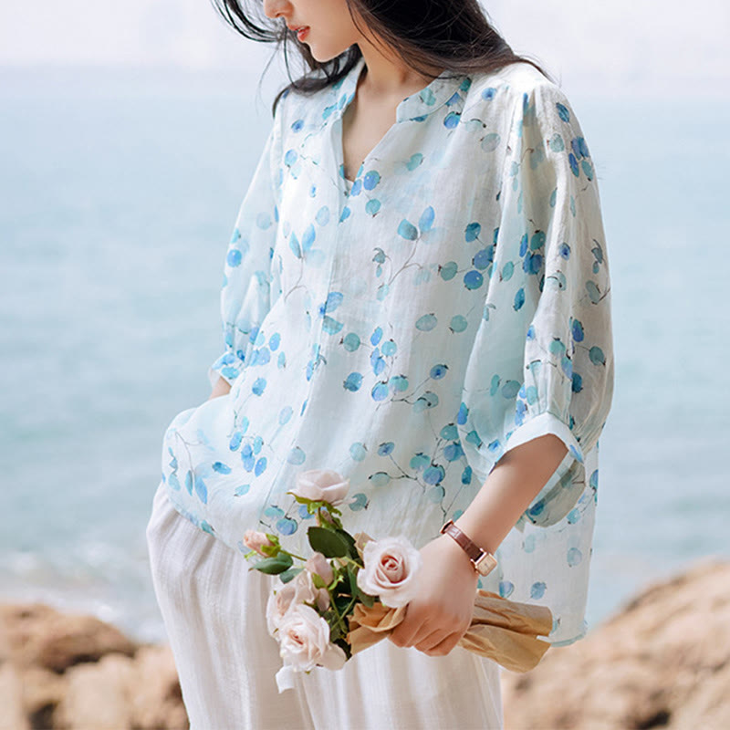 Camiseta holgada con manga farol y estampado de hojas de frutas y Buddha Stones - Azul (busto 130 cm/hombro 37 cm/largo 58-66 cm) (solo parte superior) - image 0
