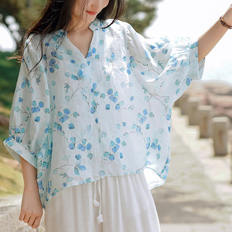 Camiseta holgada con manga farol y estampado de hojas de frutas y Buddha Stones - image 2