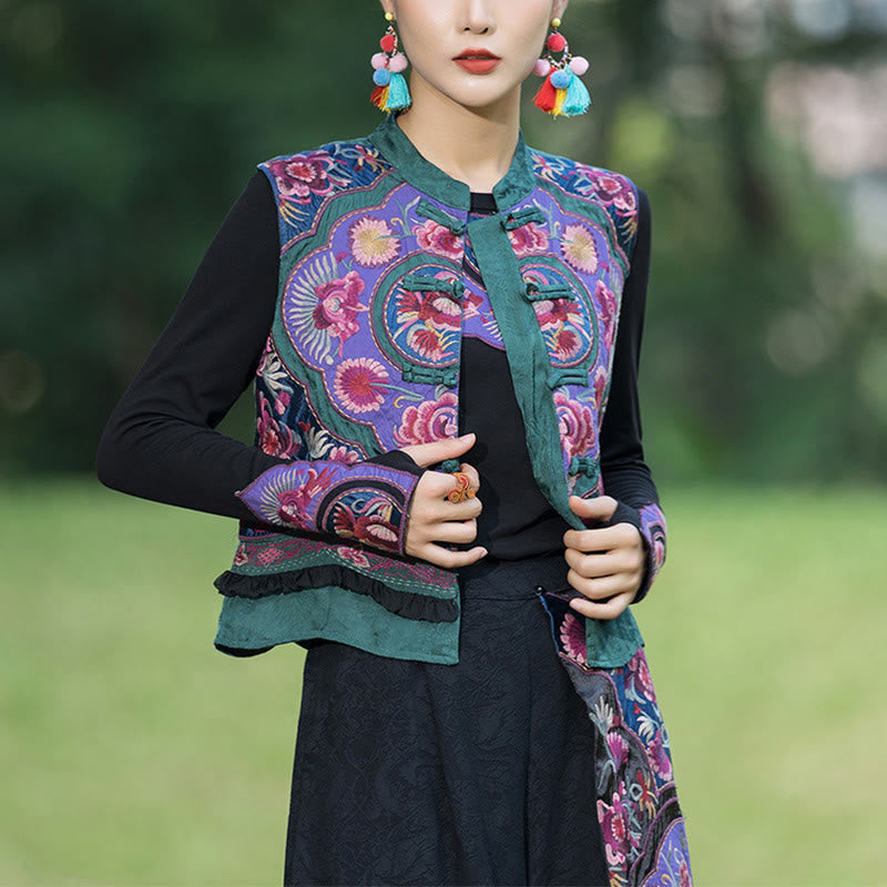 Chaleco sin mangas con diseño de traje Tang de lino y algodón con bordado de botones de rana y piedras de Buddha Stones - image 1