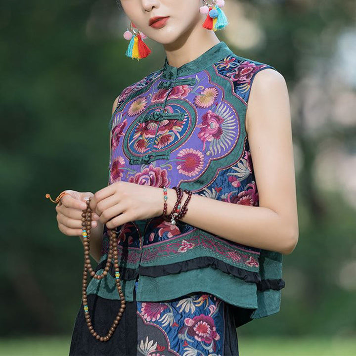 Chaleco sin mangas con diseño de traje Tang de lino y algodón con bordado de botones de rana y piedras de Buddha Stones - image 4