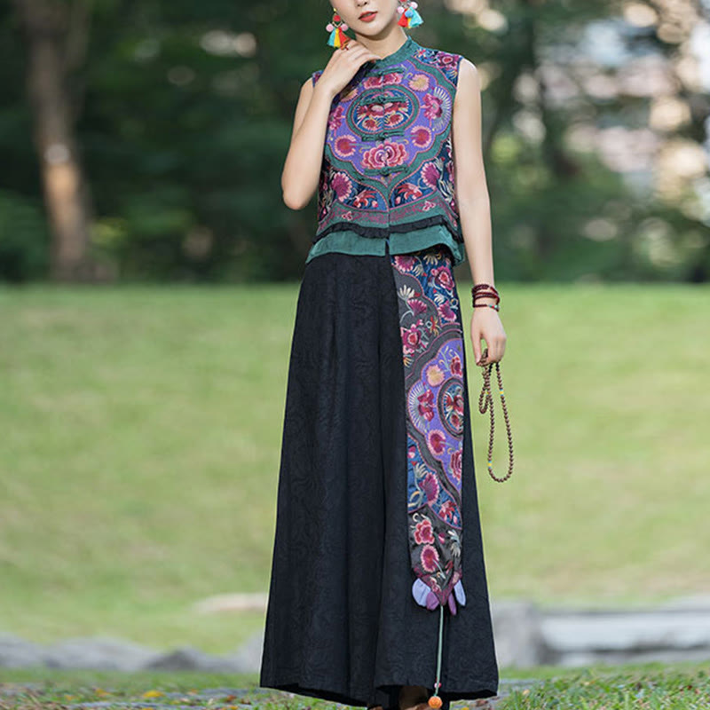 Chaleco sin mangas con diseño de traje Tang de lino y algodón con bordado de botones de rana y piedras de Buddha Stones - image 6