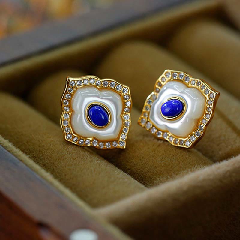 Buddha Stones de Plata de Ley 925, piedra Tridacna, lazurita, diseño prismático, pendientes de bendición, collar, colgante, conjunto de joyería - Pendientes - image 6