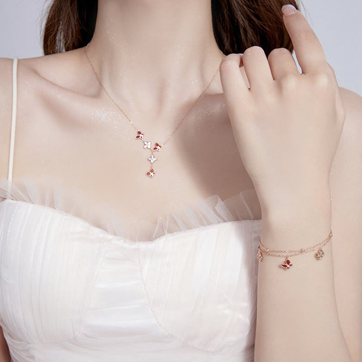 Buddha Stones de Plata de Ley 925, ágata roja, piedra Tridacna, mariposa, trébol de cuatro hojas, pulsera tranquila, conjunto de colgante - image 2