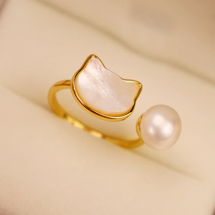 Pendientes colgantes con collar curativo de gato de cobre y perlas naturales de Buddha Stones - Anillo blanco (ajustable) - image 9