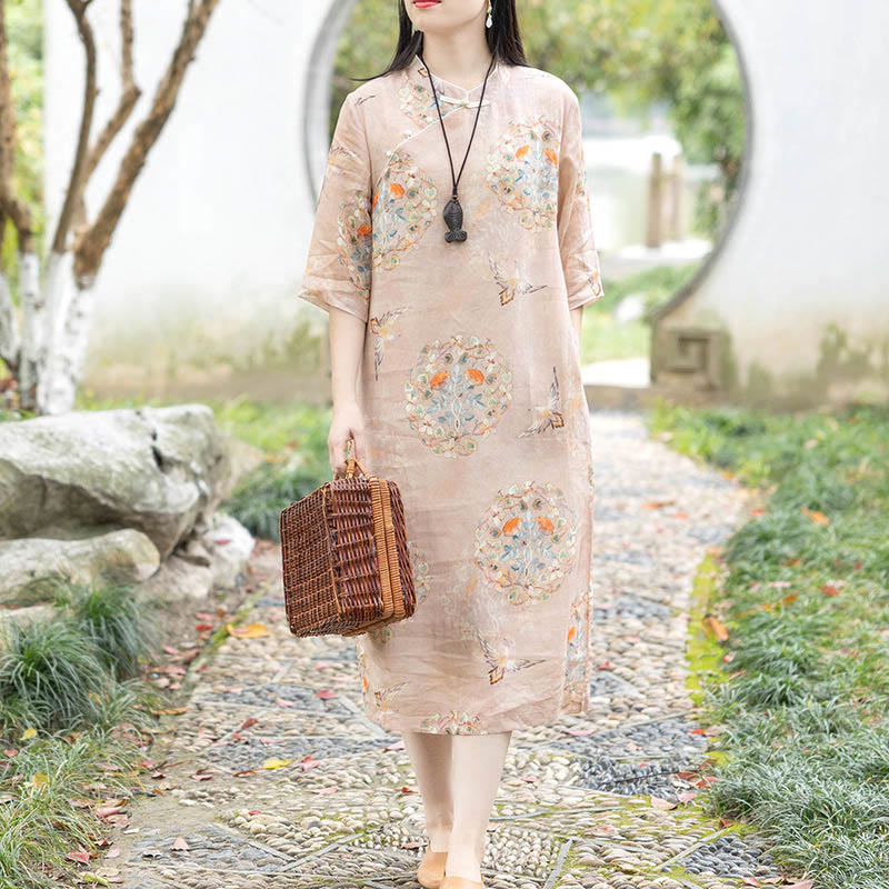 Vestido midi Cheongsam con estampado de pájaros y flores naranjas de Buddha Stones Vestido de media manga de lino y algodón con bolsillos - image 1